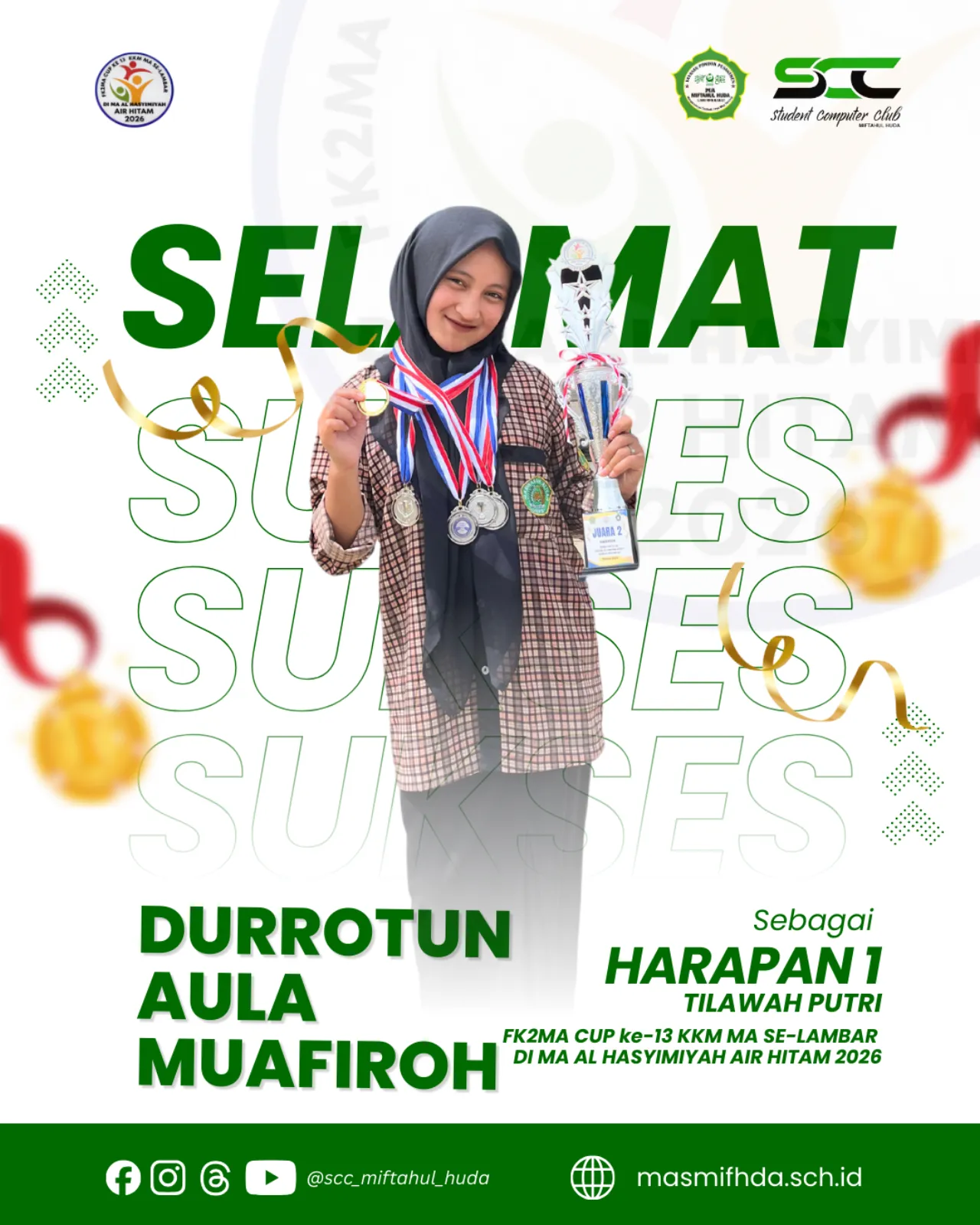 MA Miftahul Huda Cetak Prestasi di FK2MA Cup 2026, Durrotun Aula Muafiroh Raih Harapan 1 Tilawah Putri